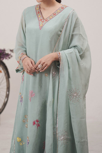 Hirika &amp; Dhruti Green Dupatta Organza, Pant Cotton, Kurta Gajji Silk Floral Garden Set For Kids Online at Aza Fashions