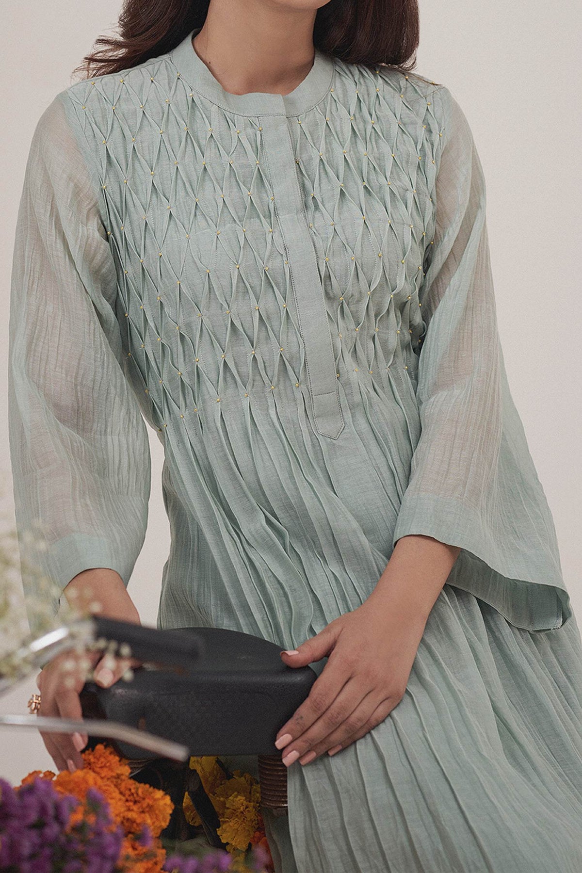 Hirika &amp; Dhruti Blue Malai Chanderi Pearls Smocked Yoke Kurta With Pant For Kids Online at Aza Fashions