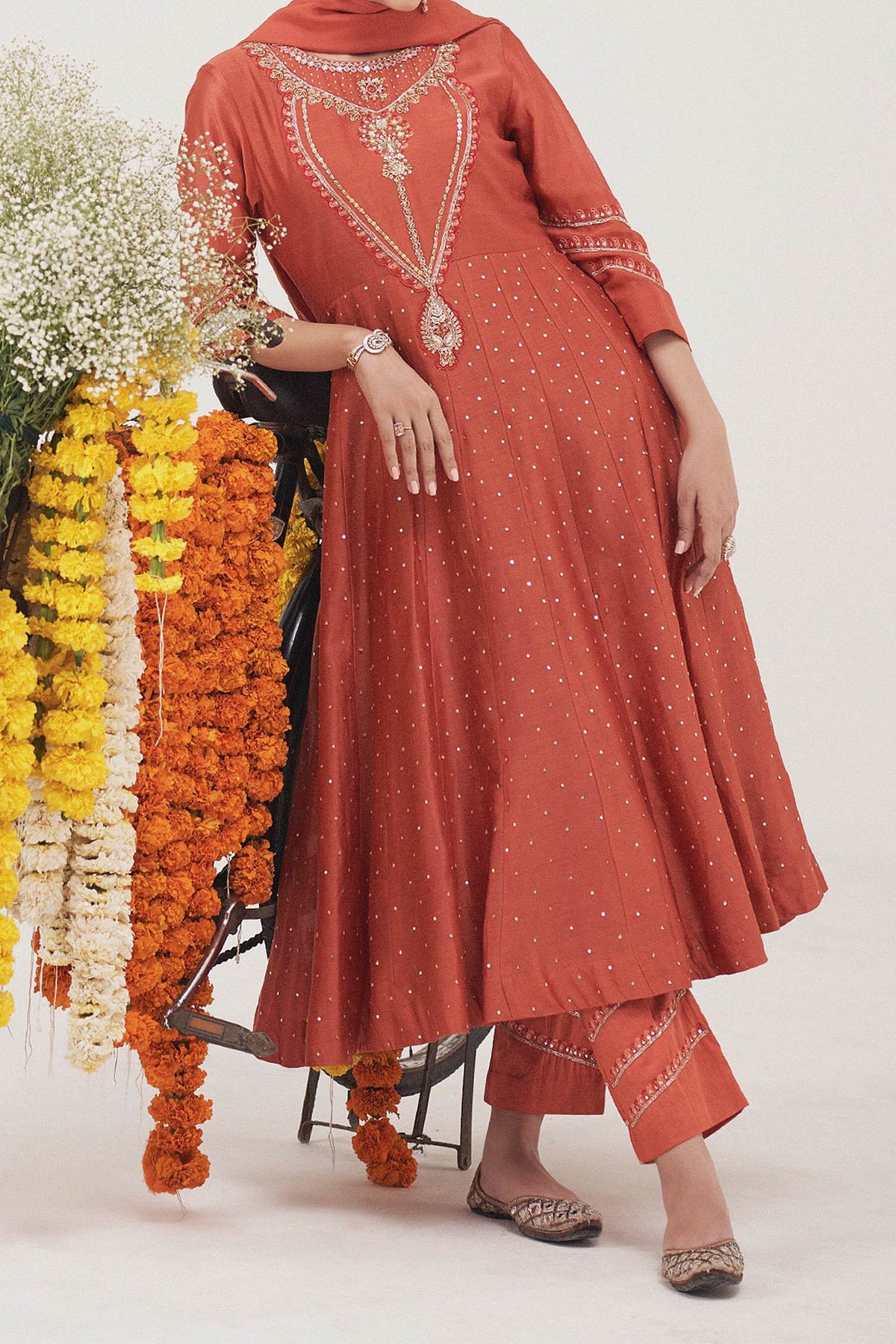 Shop Hirika &amp; Dhruti Orange Anarkali Silk Chanderi, Dupatta Organza, Pant Hand Embroidered Set For Kids Online at Aza Fashions