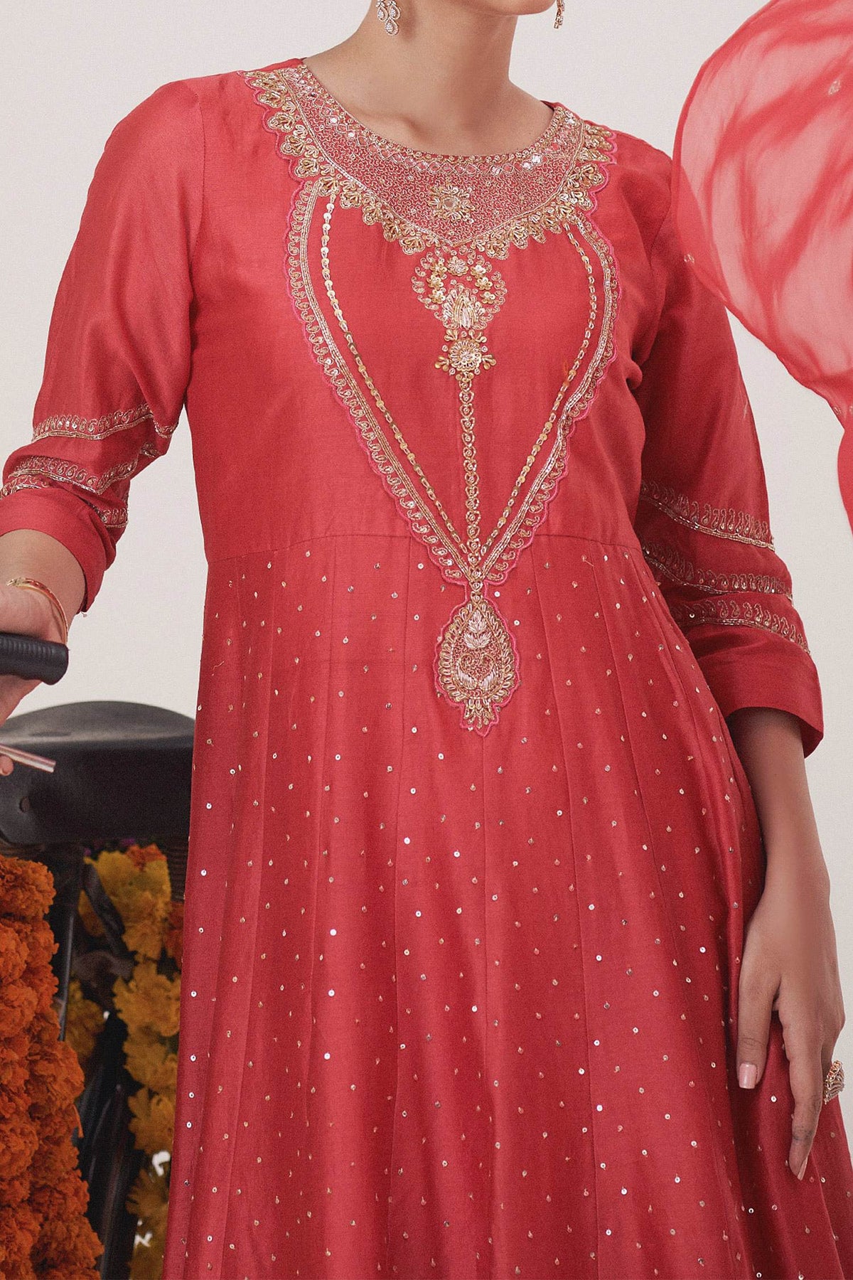 Hirika &amp; Dhruti Red Anarkali Silk Chanderi, Dupatta Organza, Pant Cotton Zardosi, Work Set For Kids Online at Aza Fashions
