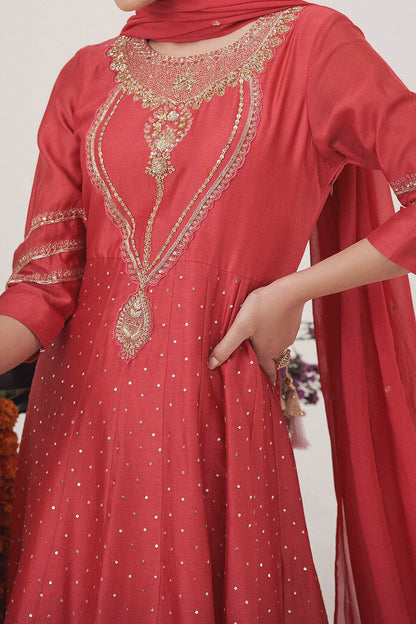 Buy Hirika &amp; Dhruti Red Anarkali Silk Chanderi, Dupatta Organza, Pant Cotton Zardosi, Work Set For Kids Online at Aza Fashions