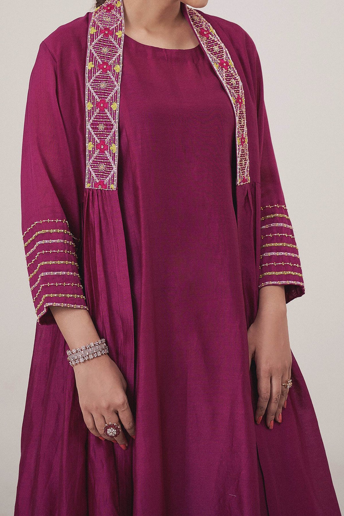 Hirika &amp; Dhruti Magenta Pant Cotton, Inner Anarkali And Jacket Silk Chanderi Embroidered Set For Kids Online at Aza Fashions