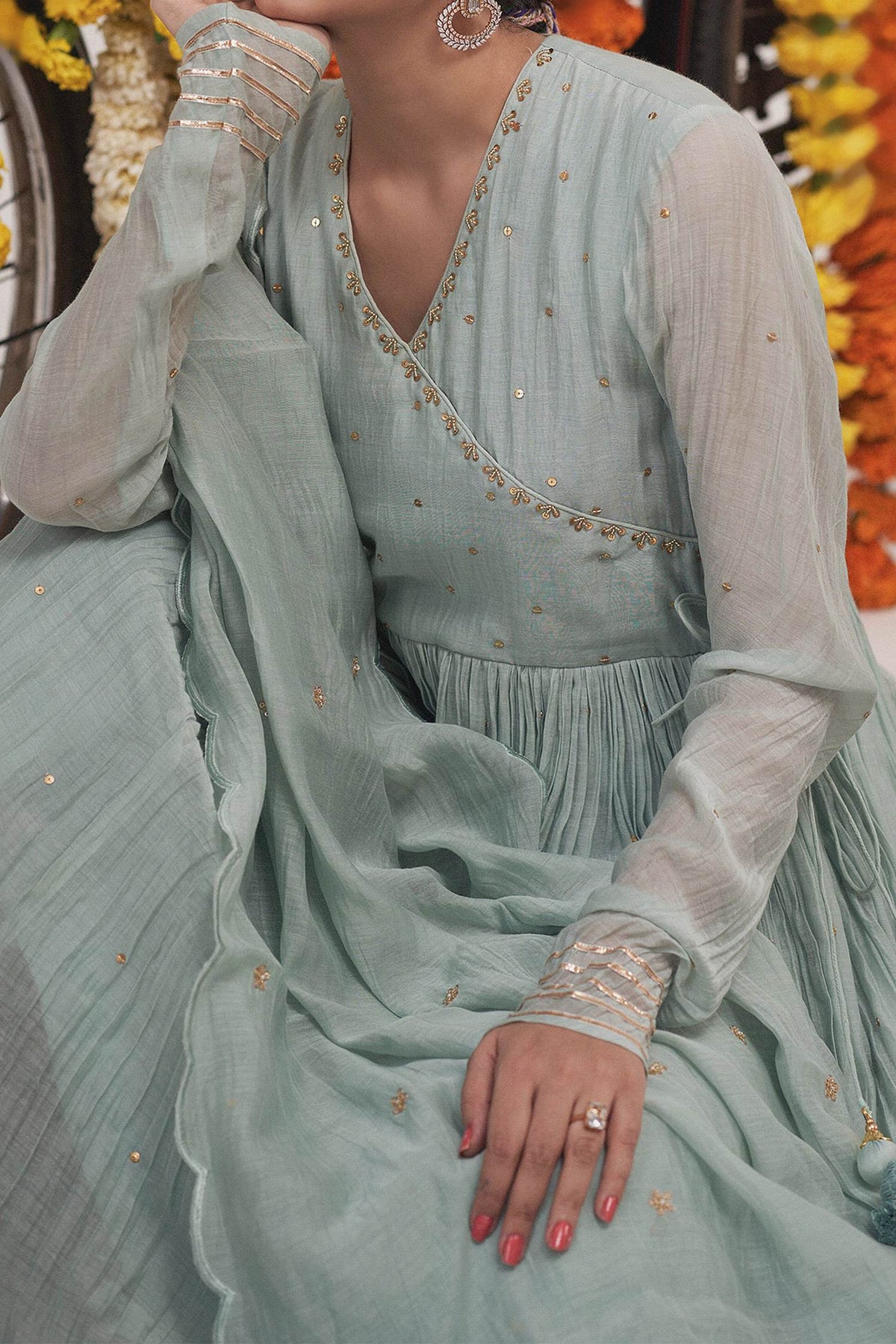 Shop Hirika &amp; Dhruti Blue Malai Chanderi Zardosi, Metal Tikki Embroidered Anarkali Pant Set For Kids Online at Aza Fashions