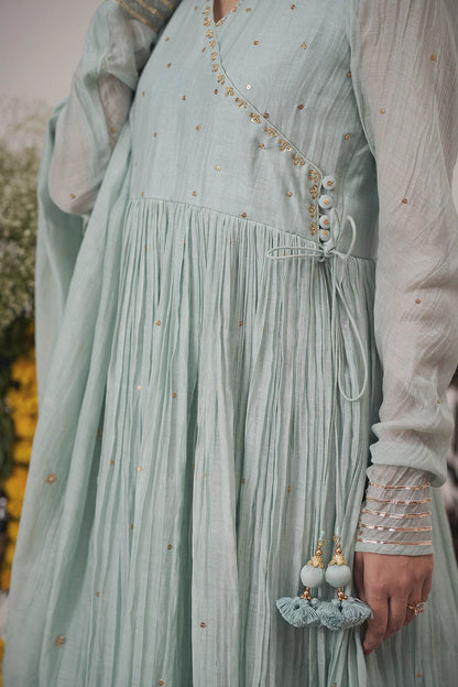 Hirika &amp; Dhruti Blue Malai Chanderi Zardosi, Metal Tikki Embroidered Anarkali Pant Set For Kids Online at Aza Fashions