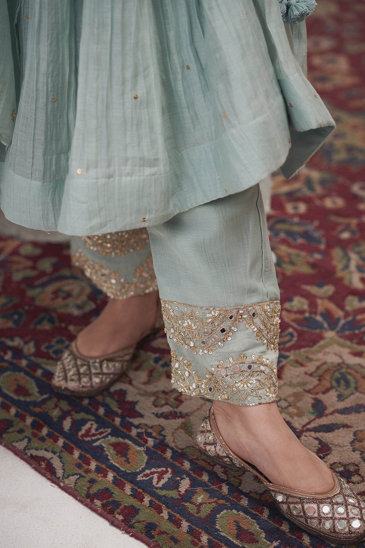 Buy Hirika &amp; Dhruti Blue Malai Chanderi Zardosi, Metal Tikki Embroidered Anarkali Pant Set For Kids Online at Aza Fashions