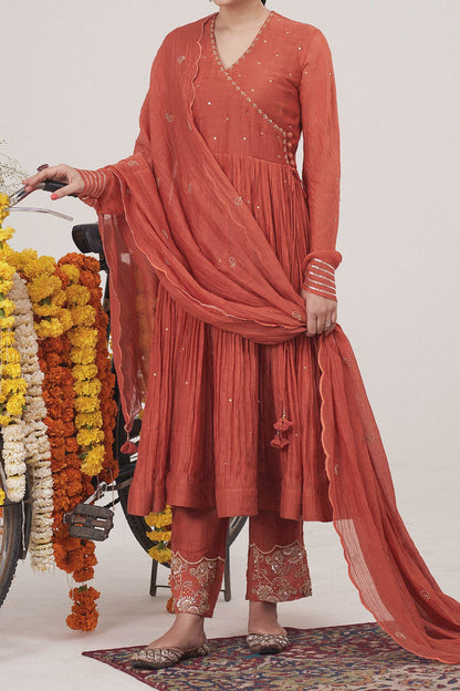 Hirika &amp; Dhruti Orange Malai Chanderi Zardosi, Metal Tikki Embroidered Anarkali Pant Set For Kids Online at Aza Fashions