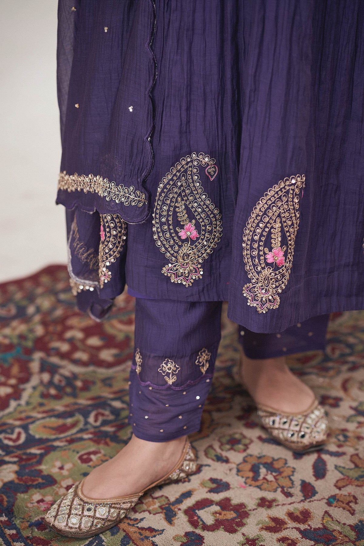 Hirika &amp; Dhruti Purple Malai Chanderi Marodi Work Anarkali Pant Set For Kids