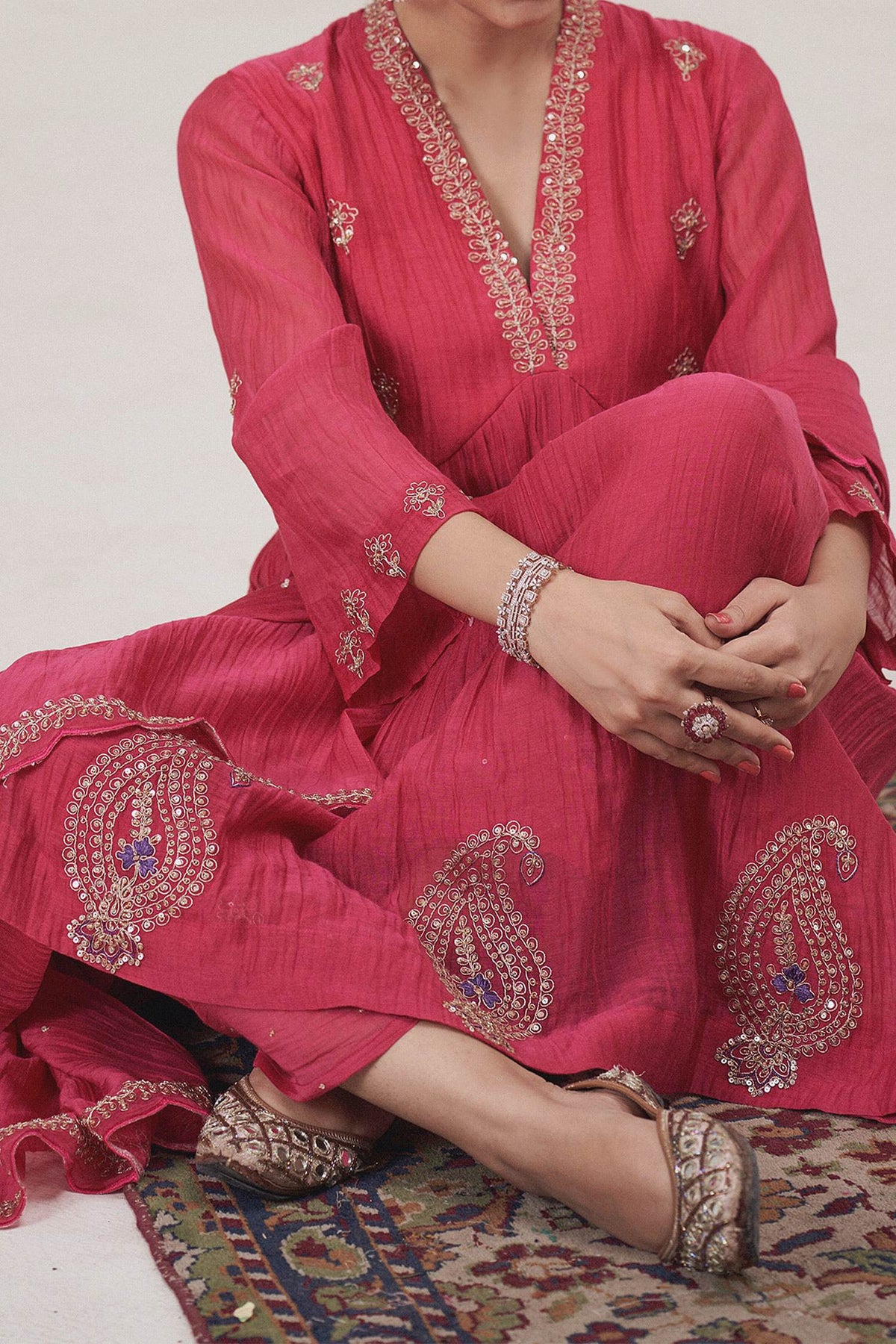 Hirika &amp; Dhruti Pink Malai Chanderi Marodi Embroidered Anarkali Pant Set For Kids Online at Aza Fashions