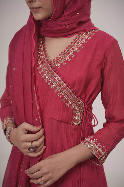 Hirika &amp; Dhruti Pink Malai Chanderi Sequin, Thread Embroidered Angarkha Pant Set For Kids Online at Aza Fashions