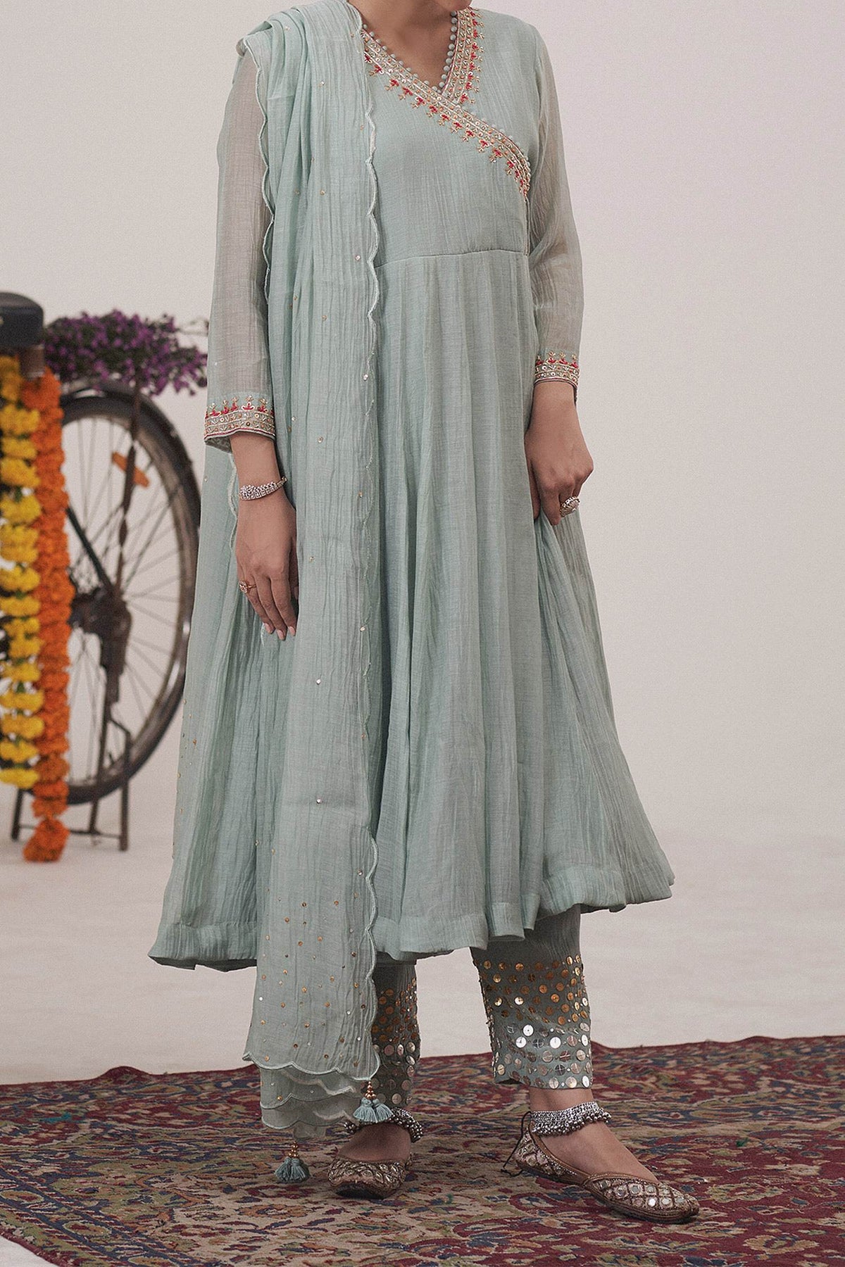 Hirika &amp; Dhruti Blue Malai Chanderi Sequin, Thread And Embroidered Angarkha Pant Set For Kids Online at Aza Fashions