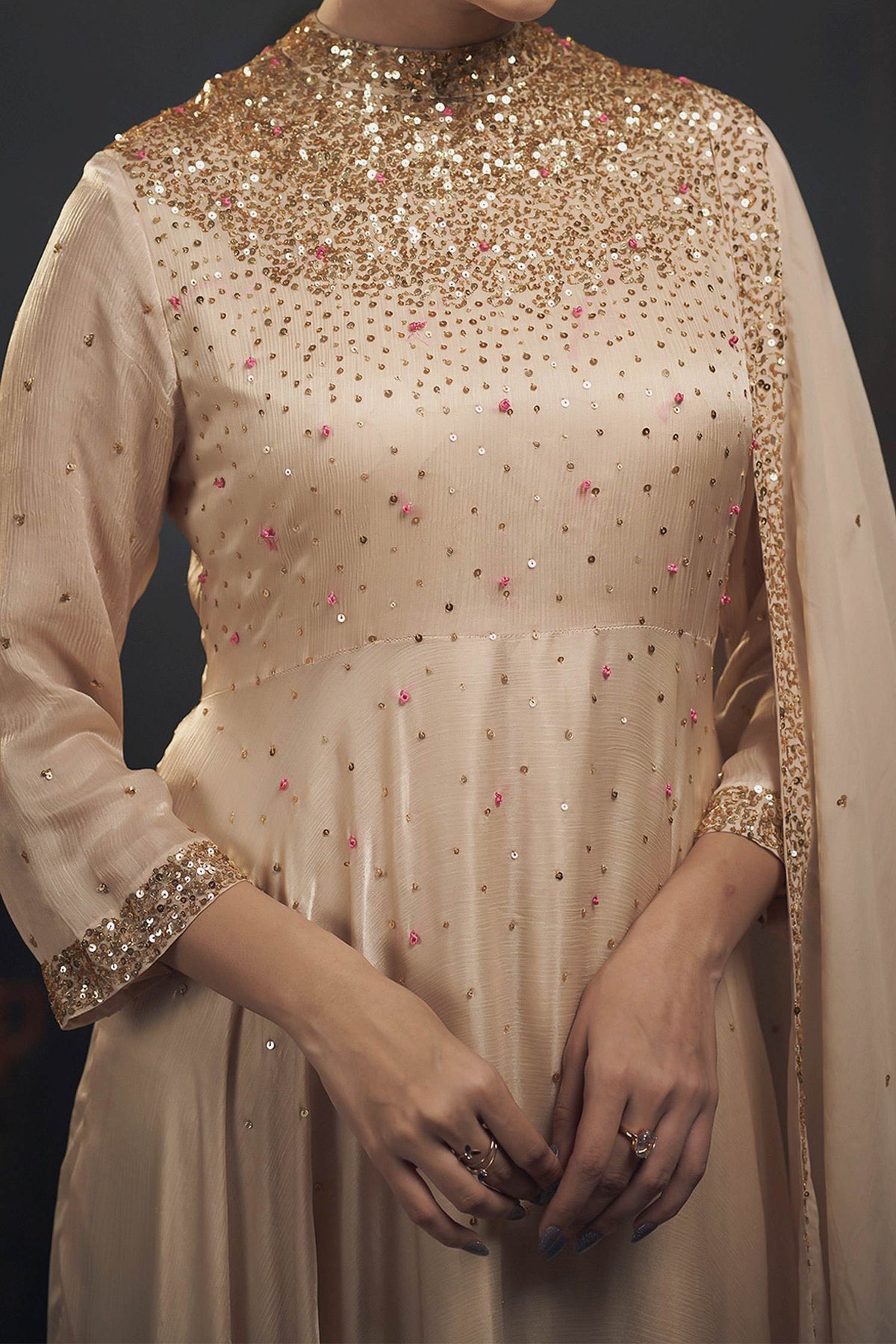 Hirika &amp; Dhruti Beige Organza, Chinnon, Lycra French Knots, Scattered Embroidered Anarkali Set For Kids Online at Aza Fashions