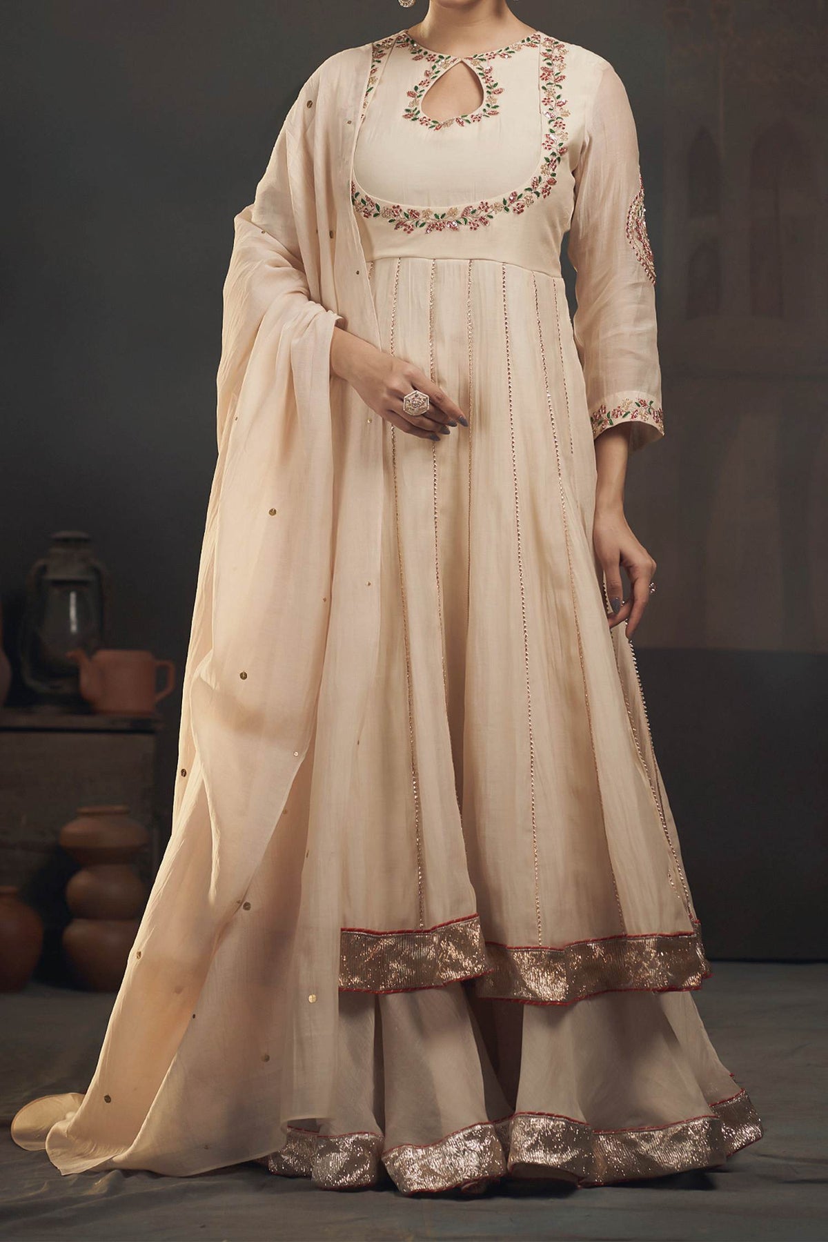 Buy Hirika &amp; Dhruti Beige Organza, Chanderi Floral, Sequins, Embroidered Kali Kurta Sharara Set For Kids Online at Aza Fashions