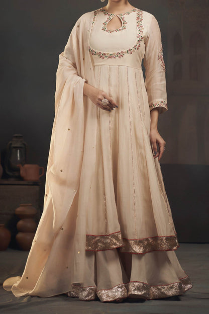 Buy Hirika &amp; Dhruti Beige Organza, Chanderi Floral, Sequins, Embroidered Kali Kurta Sharara Set For Kids Online at Aza Fashions
