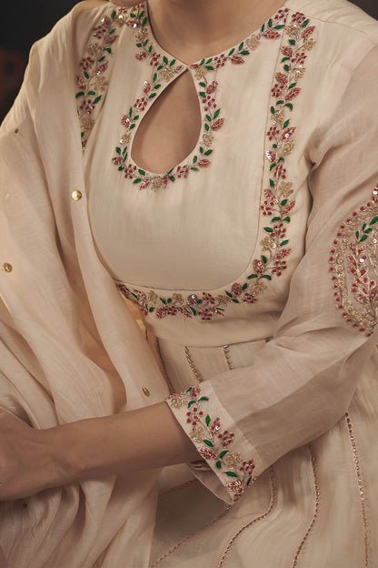 Hirika &amp; Dhruti Beige Organza, Chanderi Floral, Sequins, Embroidered Kali Kurta Sharara Set For Kids Online at Aza Fashions