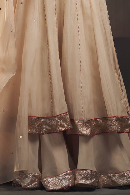 Shop Hirika &amp; Dhruti Beige Organza, Chanderi Floral, Sequins, Embroidered Kali Kurta Sharara Set For Kids Online at Aza Fashions