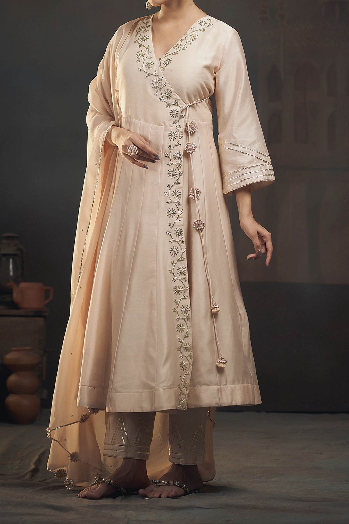 Shop Hirika &amp; Dhruti Beige Dupatta Organza, Pant Cotton, Silk Chanderi Gota, Work Angarkha Set For Kids Online at Aza Fashions