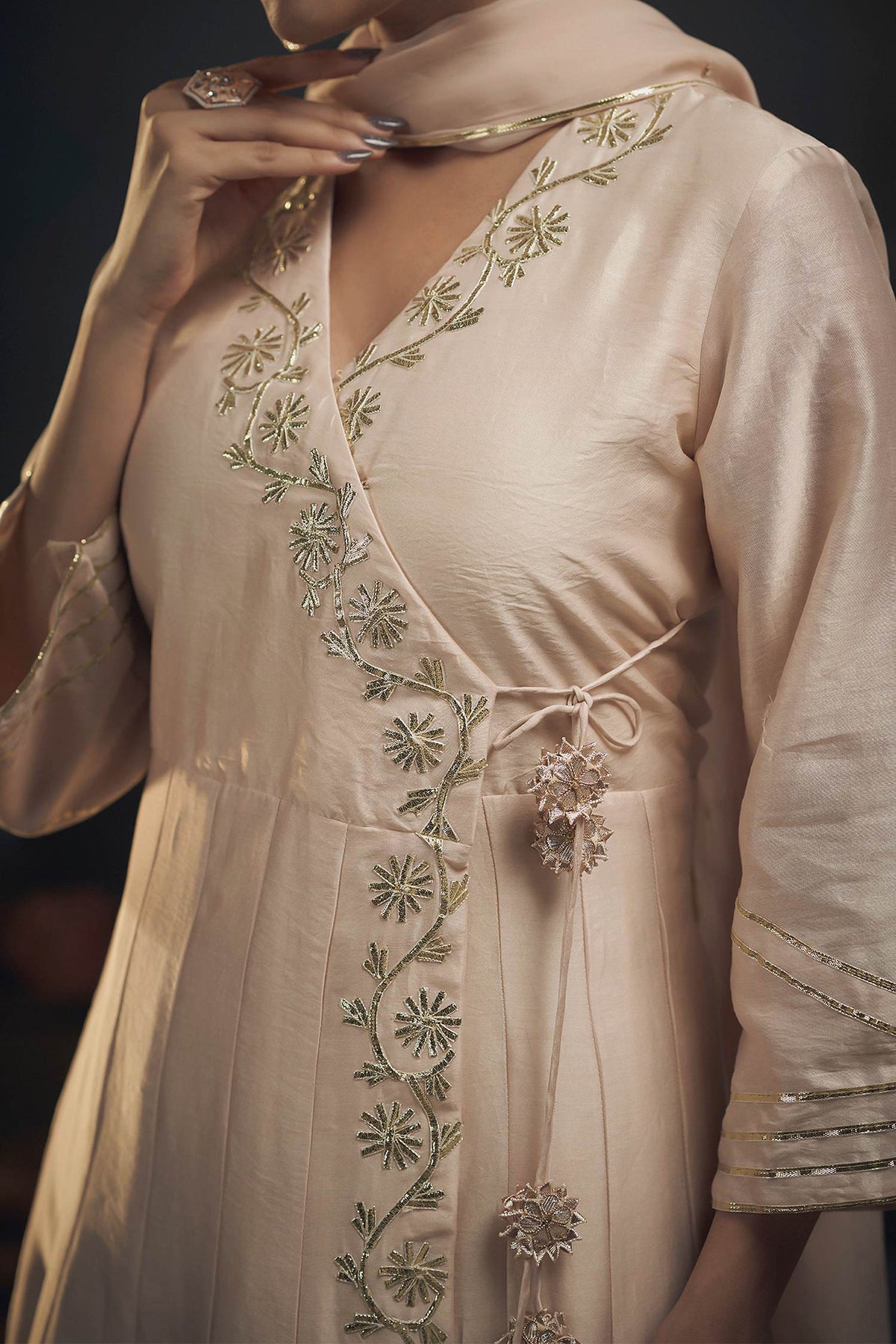 Buy Hirika &amp; Dhruti Beige Dupatta Organza, Pant Cotton, Silk Chanderi Gota, Work Angarkha Set For Kids Online at Aza Fashions