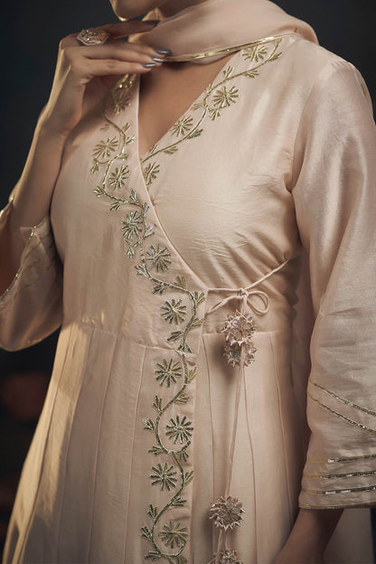 Buy Hirika &amp; Dhruti Beige Dupatta Organza, Pant Cotton, Silk Chanderi Gota, Work Angarkha Set For Kids Online at Aza Fashions