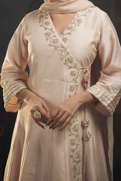 Hirika &amp; Dhruti Beige Dupatta Organza, Pant Cotton, Silk Chanderi Gota, Work Angarkha Set For Kids at Aza Fashions