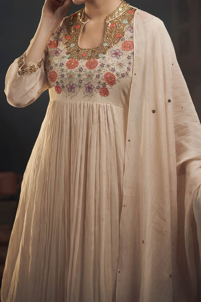 Hirika &amp; Dhruti Beige Chanderi Sequins, Thread, Flowers Embroidered Anarkali Pant Set For Kids Online at Aza Fashions