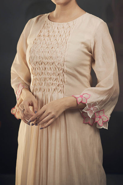 Buy Hirika &amp; Dhruti Beige Chanderi Smocked Gathered Kurta And Pant Set For Kids Online at Aza Fashions