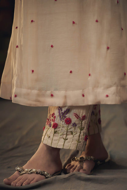 Buy Hirika &amp; Dhruti Beige Chanderi Thread, Garden, Knots Kurta And Embroidered Pant Set For Kids Online at Aza Fashions