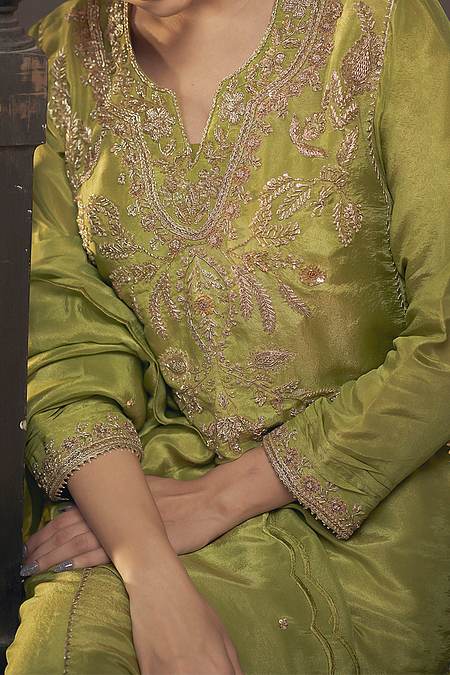 Buy Hirika &amp; Dhruti Green Tissue Zardozi Embroidered Kurta Set For Kids Online at Aza Fashions
