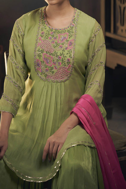 Hirika &amp; Dhruti Green Chinnon Floral Embroidered Peplum Kurta Sharara Set For Kids at Aza Fashions