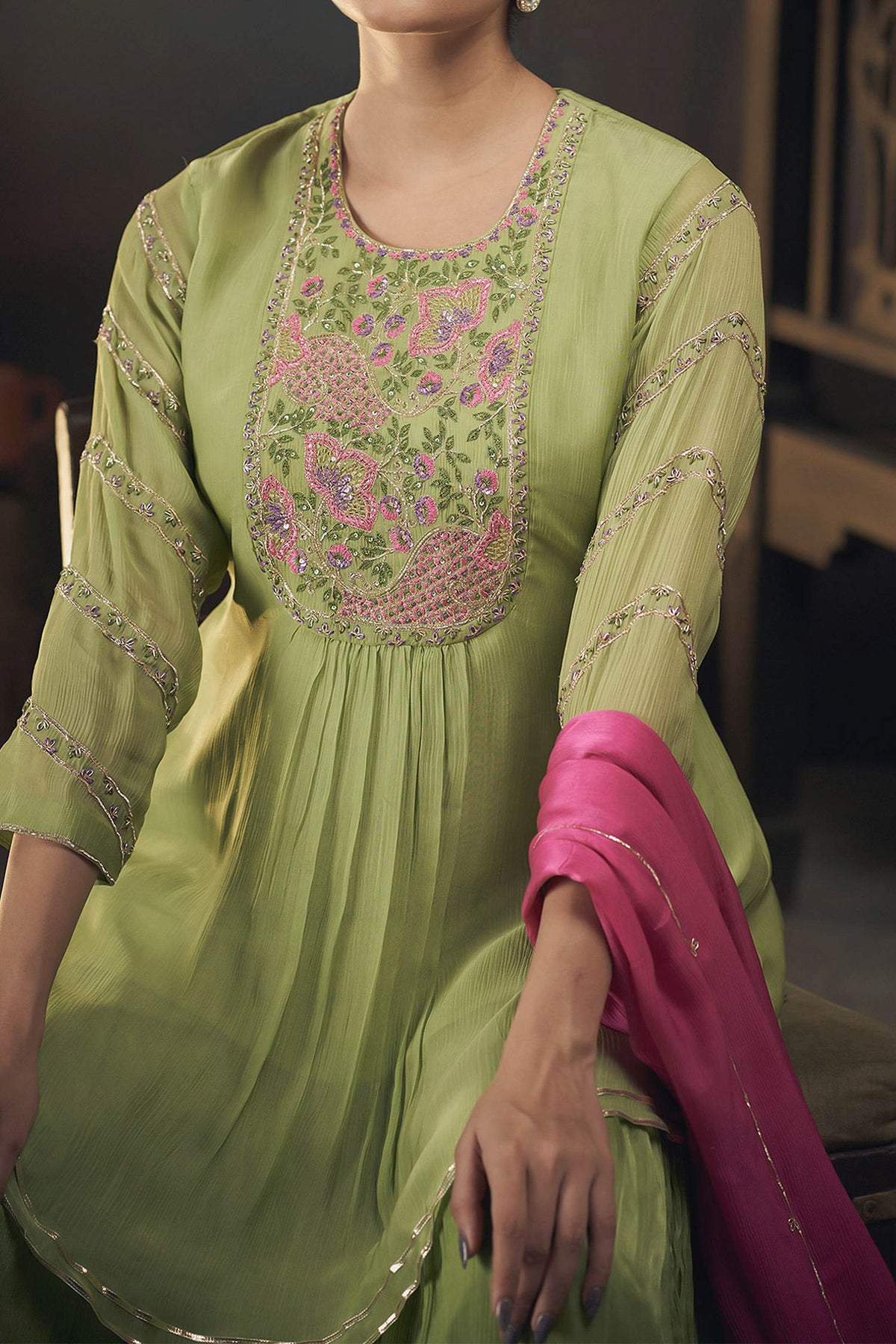 Hirika &amp; Dhruti Green Chinnon Floral Embroidered Peplum Kurta Sharara Set For Kids Online at Aza Fashions