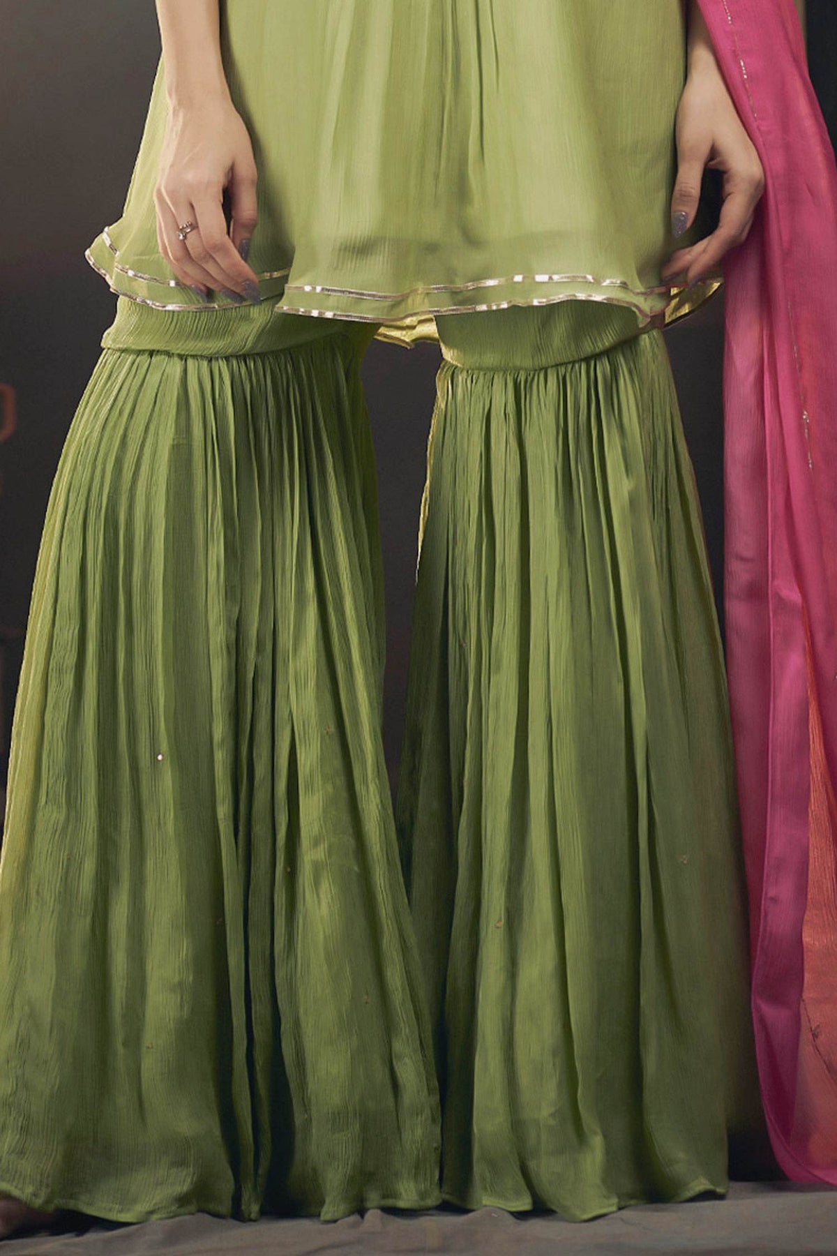 Buy Hirika &amp; Dhruti Green Chinnon Floral Embroidered Peplum Kurta Sharara Set For Kids Online at Aza Fashions