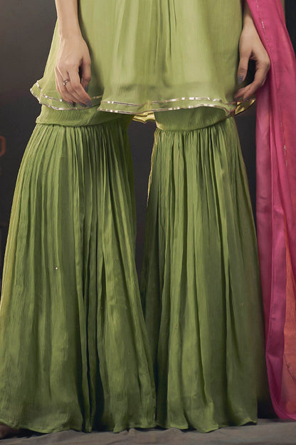 Buy Hirika &amp; Dhruti Green Chinnon Floral Embroidered Peplum Kurta Sharara Set For Kids Online at Aza Fashions