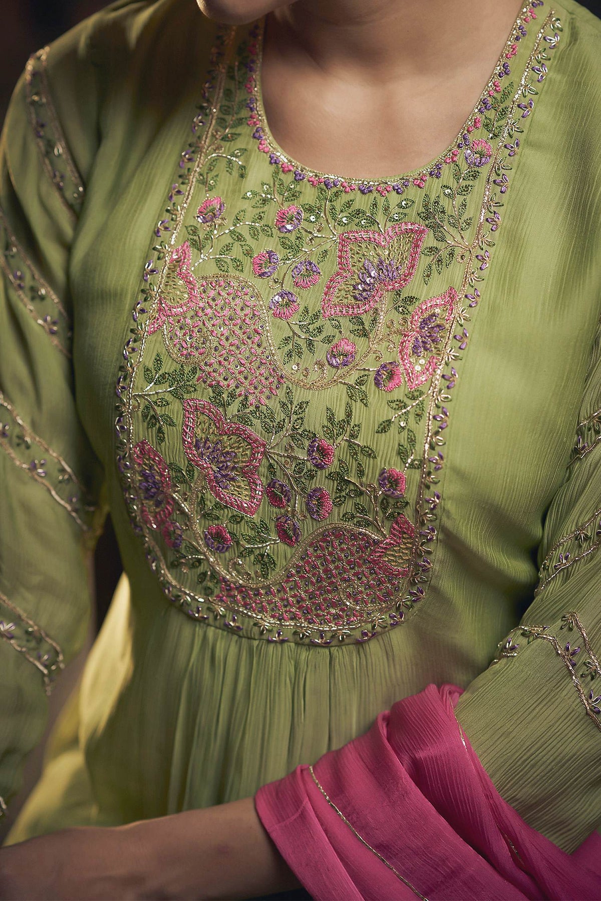 Shop Hirika &amp; Dhruti Green Chinnon Floral Embroidered Peplum Kurta Sharara Set For Kids Online at Aza Fashions