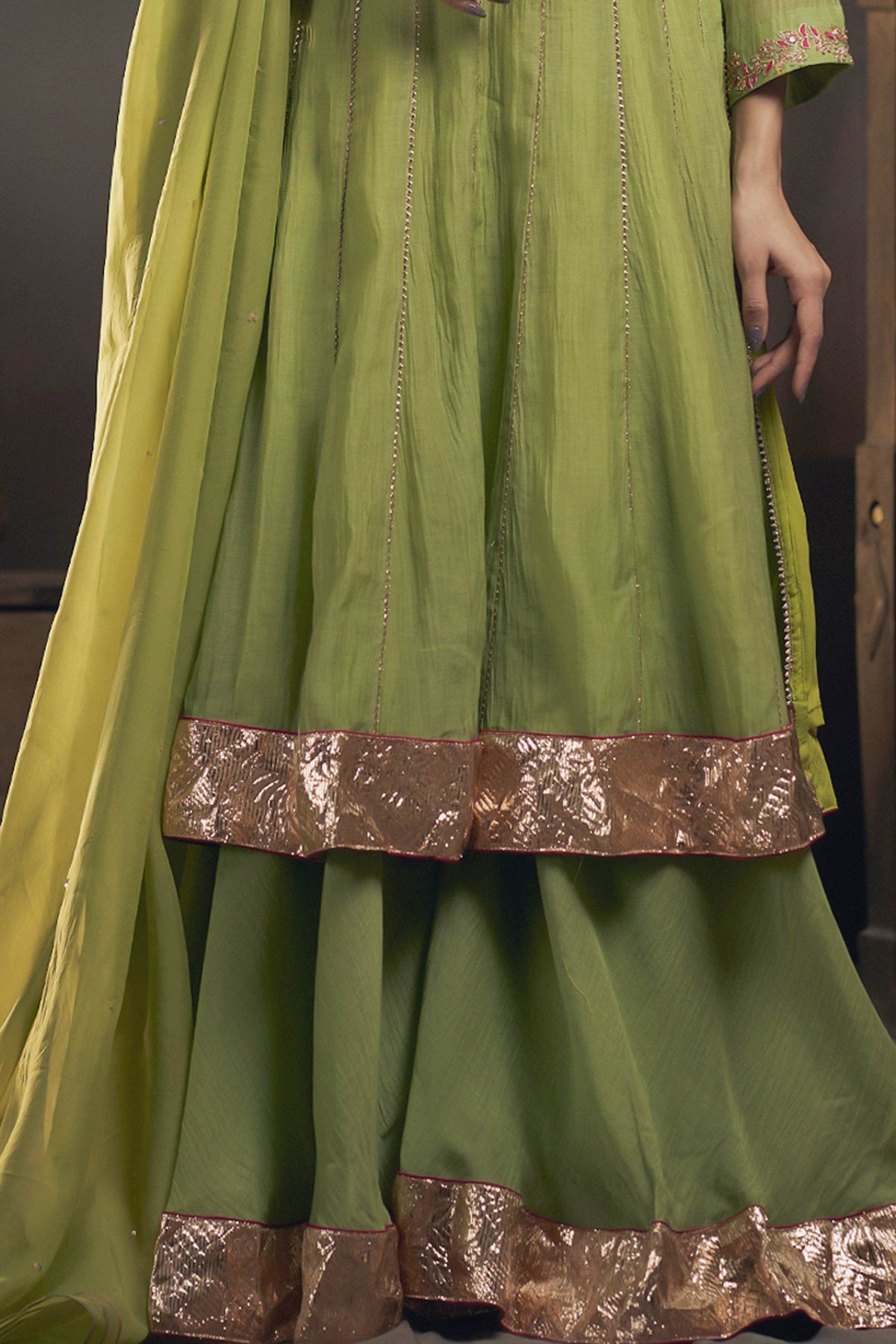 Hirika &amp; Dhruti Green Organza, Chanderi Floral, Sequins, Embroidered Kali Kurta Sharara Set For Kids Online at Aza Fashions
