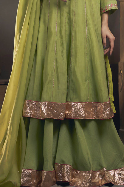 Hirika &amp; Dhruti Green Organza, Chanderi Floral, Sequins, Embroidered Kali Kurta Sharara Set For Kids Online at Aza Fashions