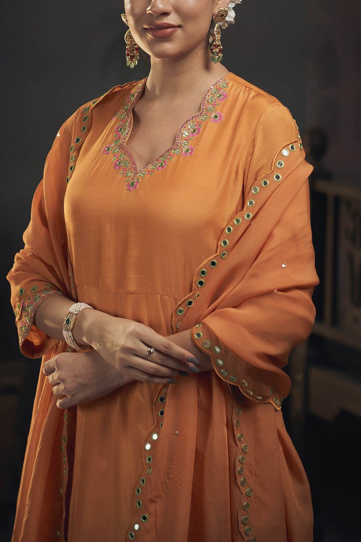 Hirika &amp; Dhruti Yellow Organza, Cotton Silk Floral, Embroidered Neckline Anarkali Pant Set For Kids Online at Aza Fashions