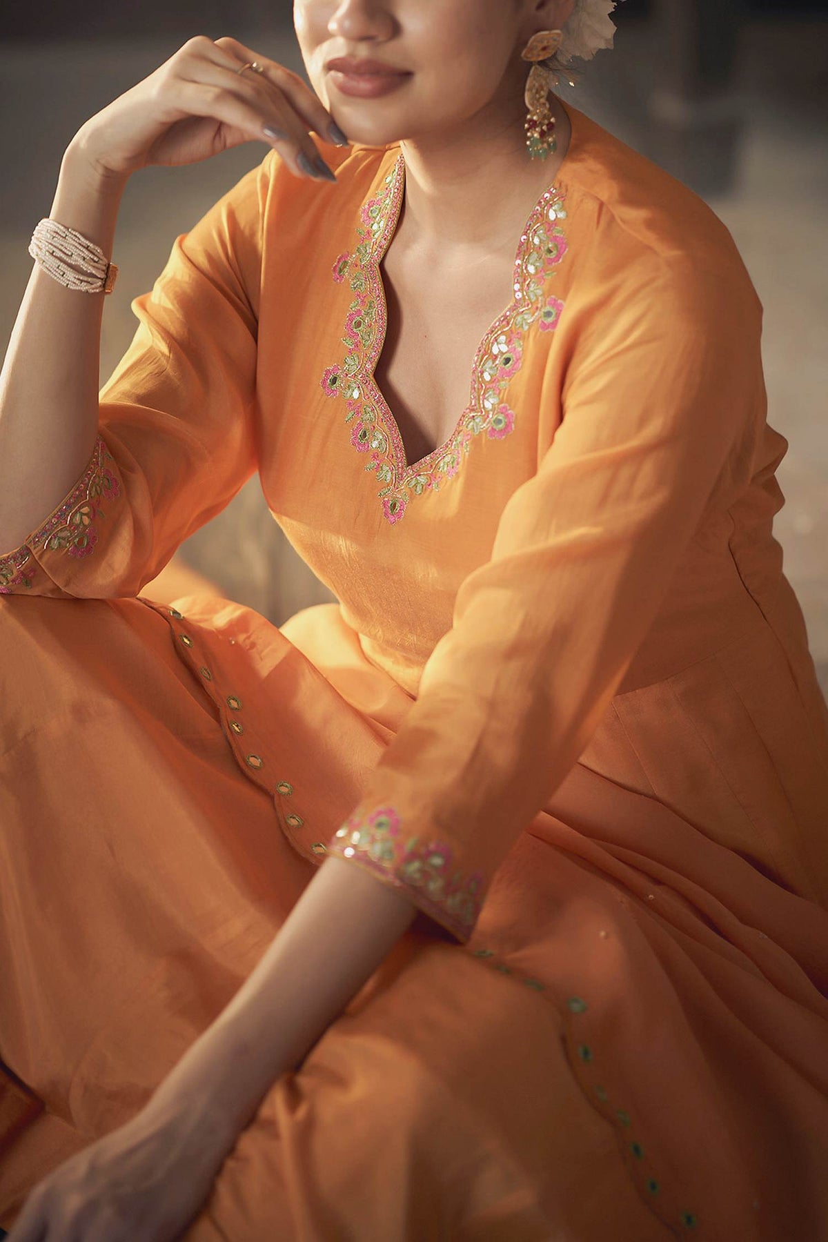 Buy Hirika &amp; Dhruti Yellow Organza, Cotton Silk Floral, Embroidered Neckline Anarkali Pant Set For Kids Online at Aza Fashions