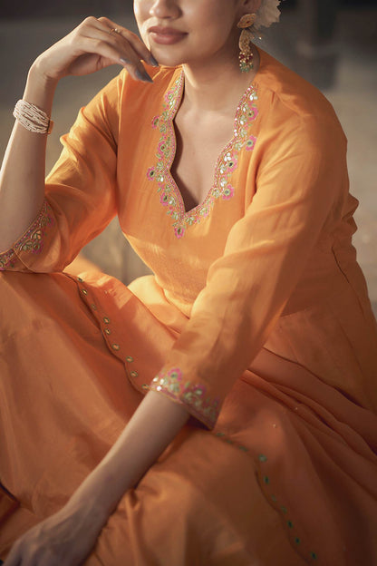 Buy Hirika &amp; Dhruti Yellow Organza, Cotton Silk Floral, Embroidered Neckline Anarkali Pant Set For Kids Online at Aza Fashions