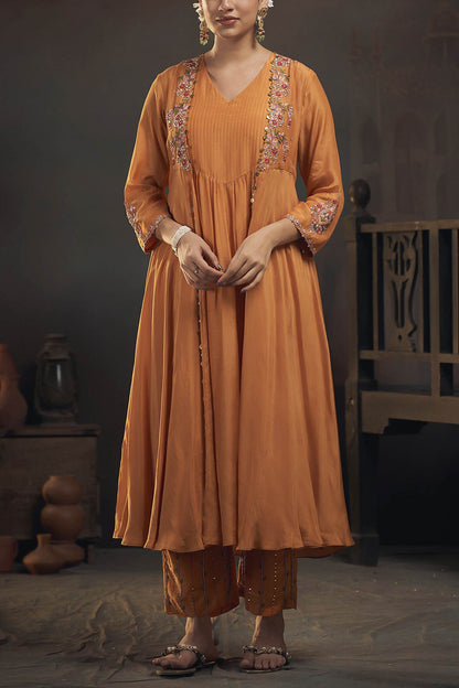 Shop Hirika &amp; Dhruti Yellow Cotton Silk Floral, Sequins, Thread Embroidered Jacket Kurta And Pant Set For Kids Online at Aza Fashions
