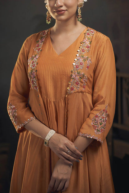 Buy Hirika &amp; Dhruti Yellow Cotton Silk Floral, Sequins, Thread Embroidered Jacket Kurta And Pant Set For Kids Online at Aza Fashions