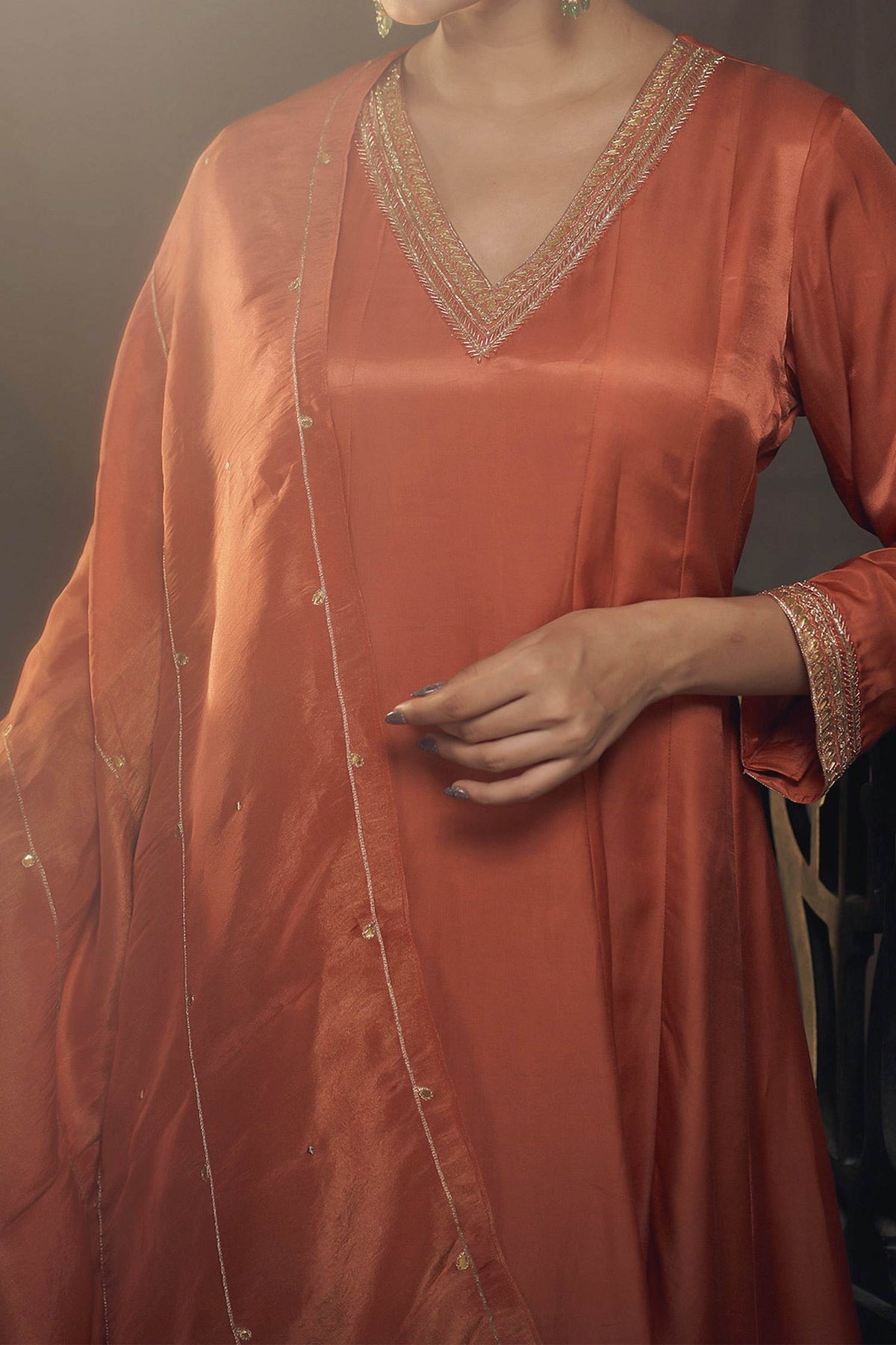 Hirika &amp; Dhruti Orange Dupatta Tissue, Kurta Silk Chanderi, Embroidered Neckline Kali Set For Kids Online at Aza Fashions