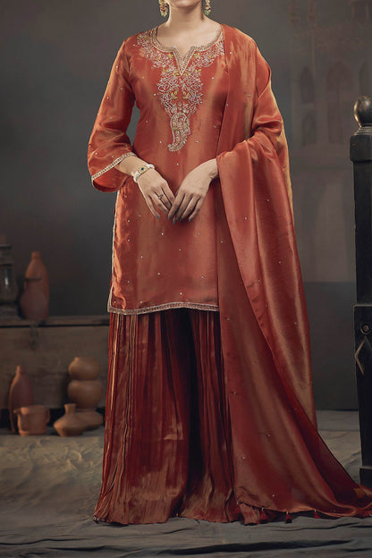 Shop Hirika &amp; Dhruti Orange Tissue Pita, Rose Embroidered Kurta Sharara Set For Kids Online at Aza Fashions