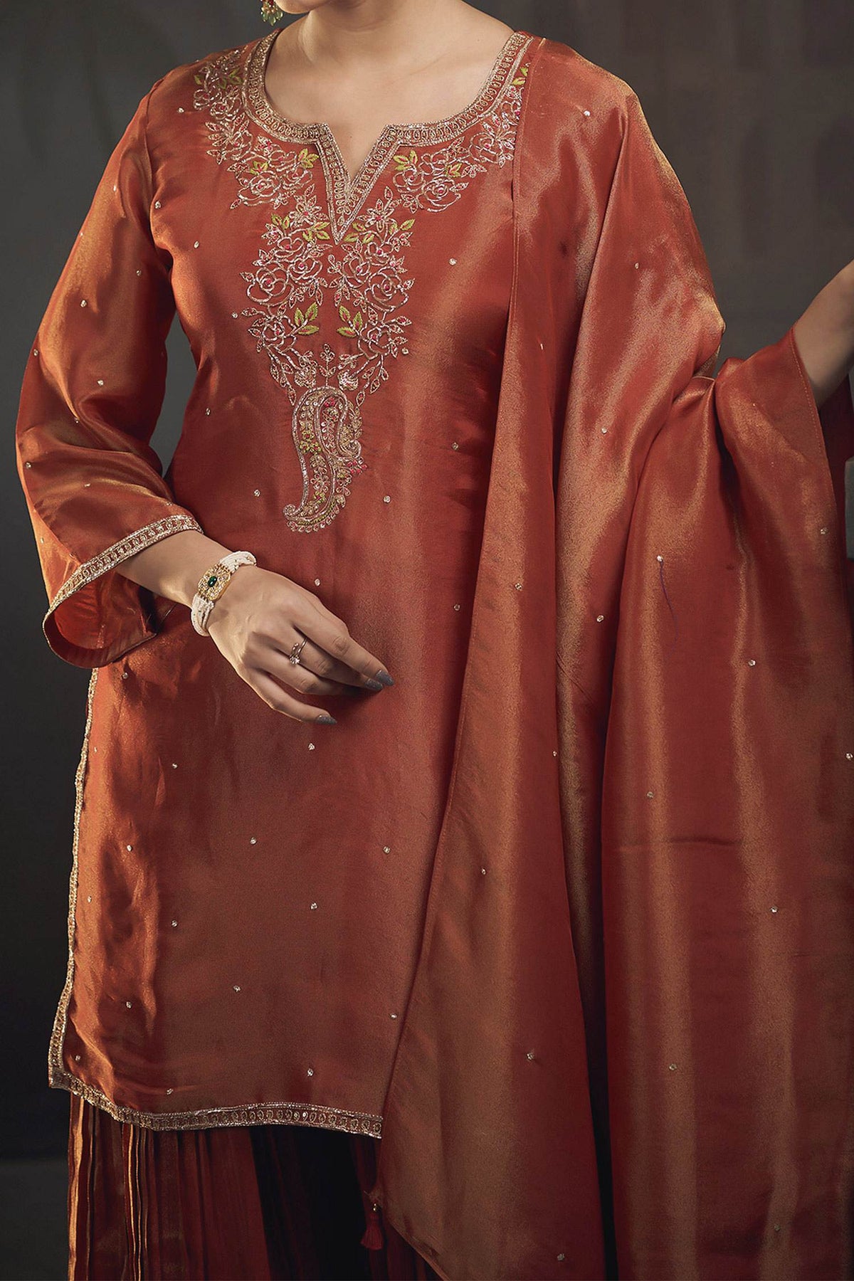 Hirika &amp; Dhruti Orange Tissue Pita, Rose Embroidered Kurta Sharara Set For Kids Online at Aza Fashions