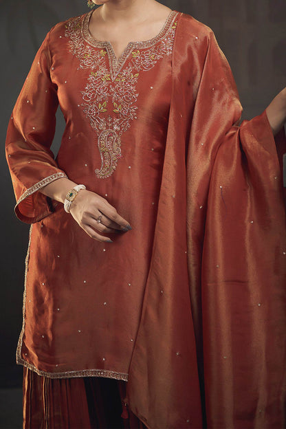 Hirika &amp; Dhruti Orange Tissue Pita, Rose Embroidered Kurta Sharara Set For Kids Online at Aza Fashions