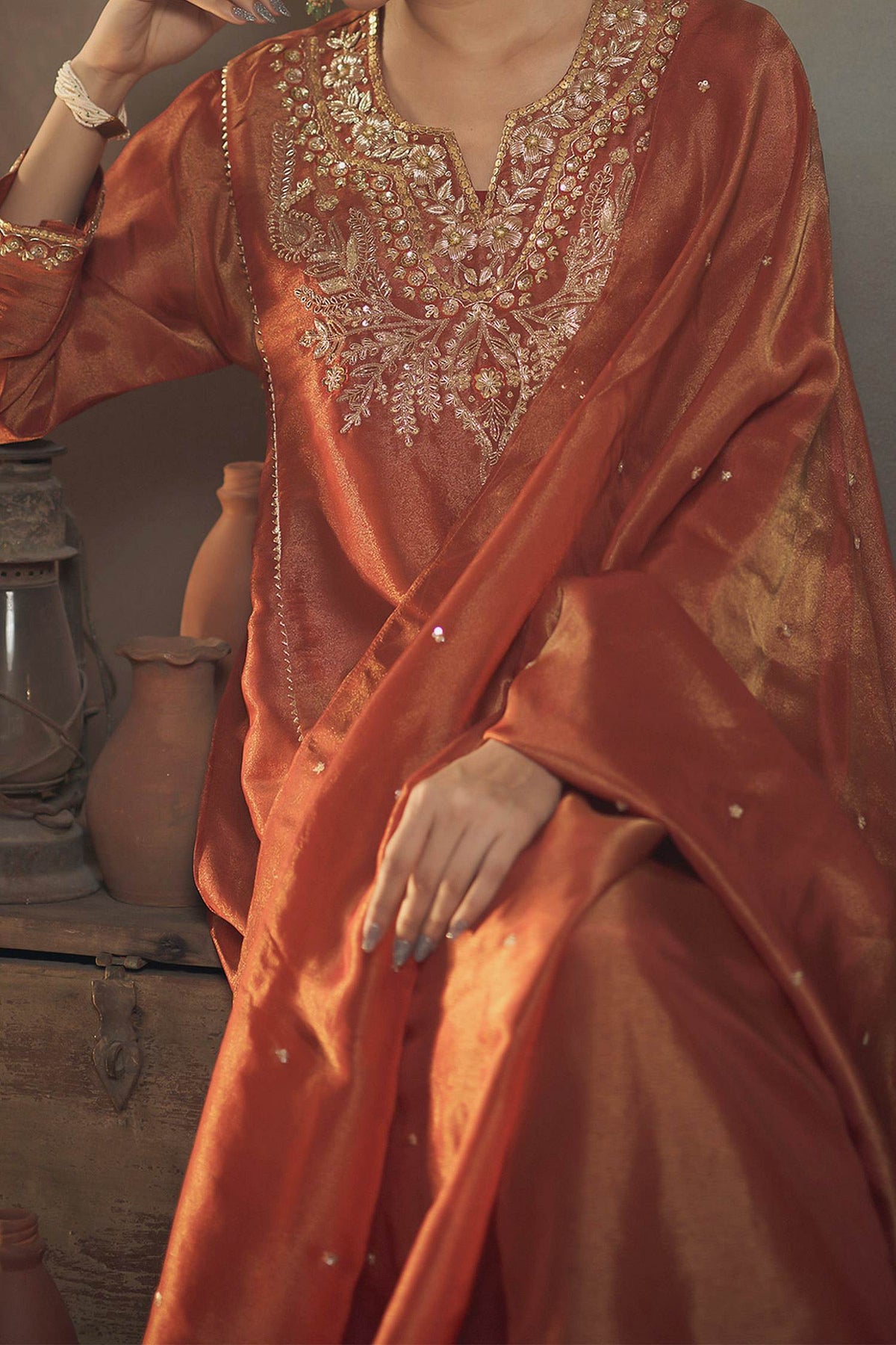 Hirika &amp; Dhruti Orange Tissue Zardozi Embroidered Kurta Pant Set For Kids Online at Aza Fashions