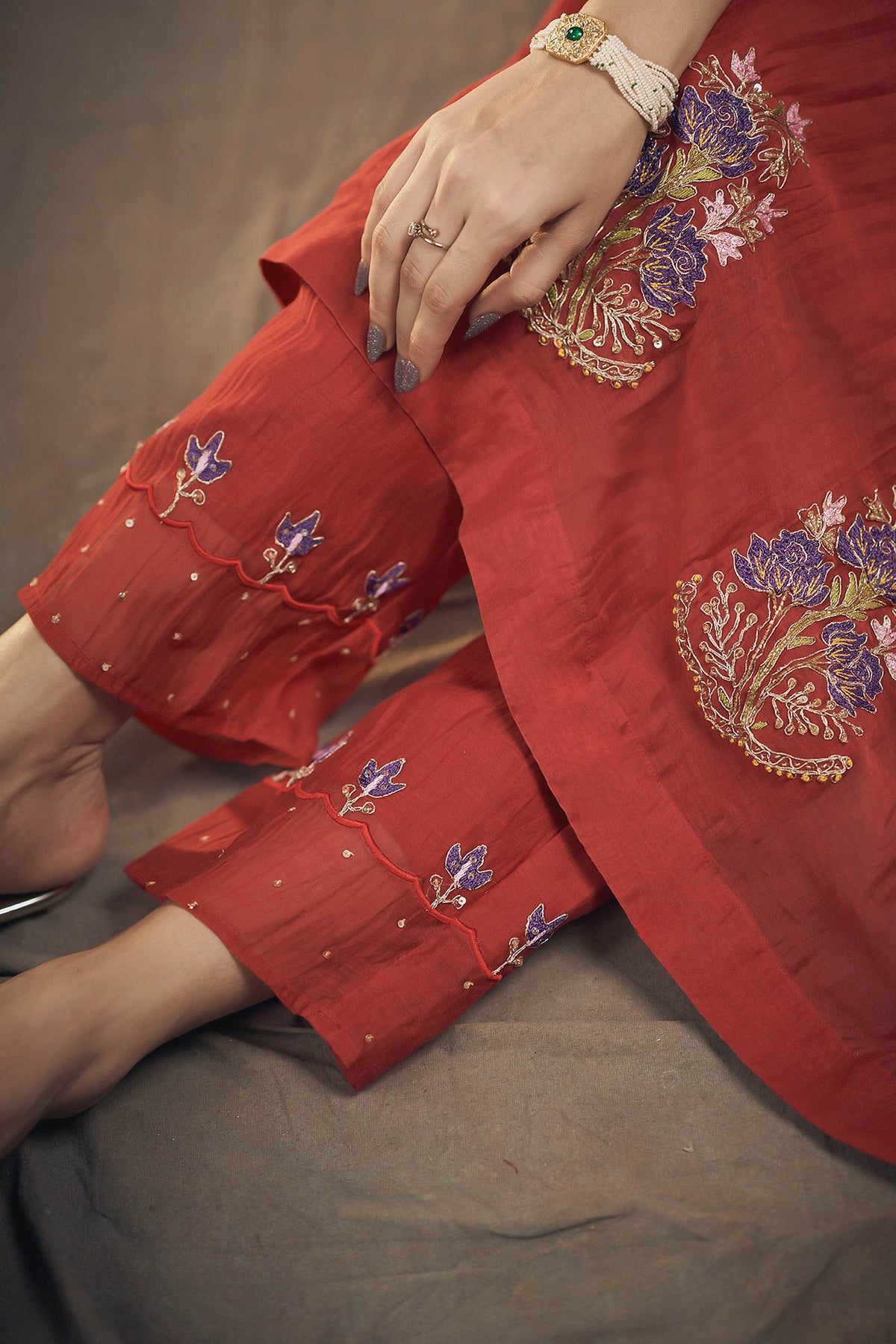 Buy Hirika &amp; Dhruti Red Chanderi Floral, Marodi Embroidered Anarkali Pant Set For Kids Online at Aza Fashions