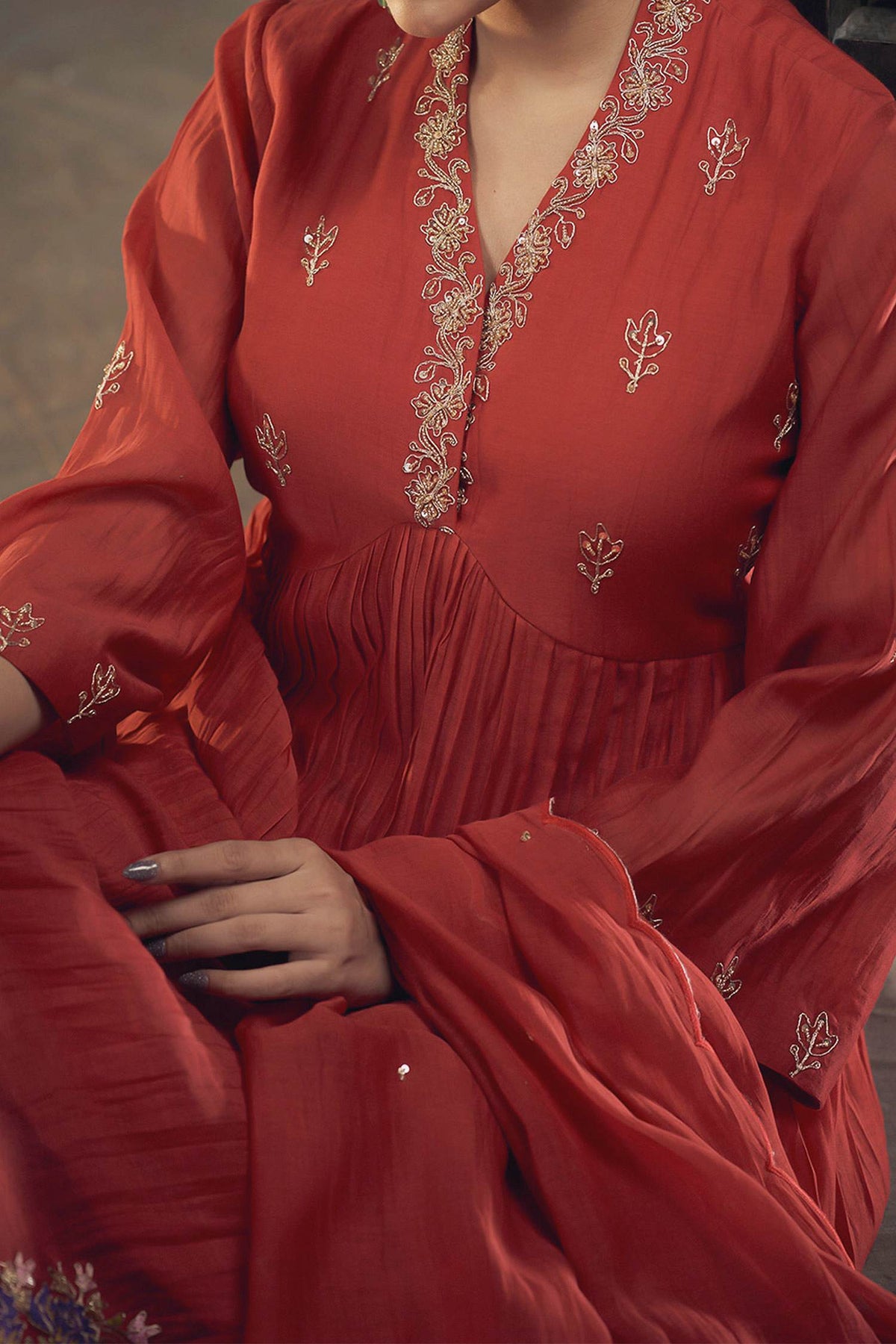Hirika &amp; Dhruti Red Chanderi Floral, Marodi Embroidered Anarkali Pant Set For Kids Online at Aza Fashions