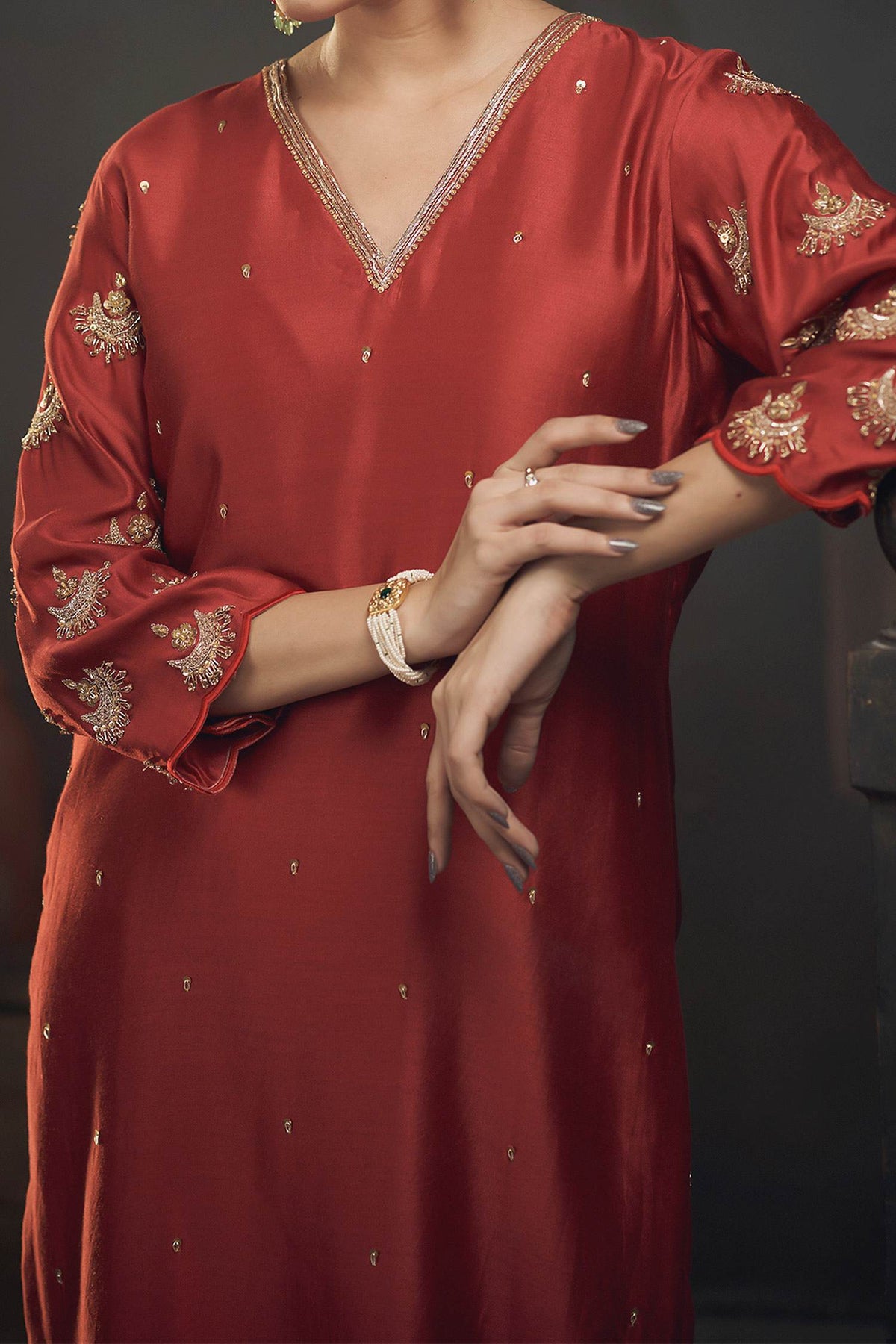 Buy Hirika &amp; Dhruti Red Dupatta Organza, Kurta Silk Chanderi, Pant Cotton Embroidered Set For Kids Online at Aza Fashions