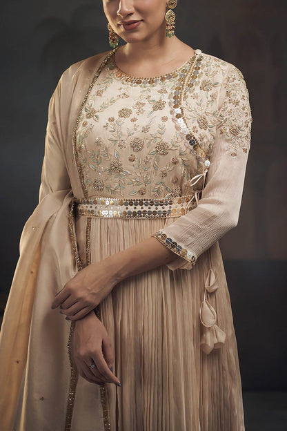 Hirika &amp; Dhruti Beige Tissue, Chinnon Floral, Zardozi Embroidered Pleated Anarkali Set For Kids Online at Aza Fashions