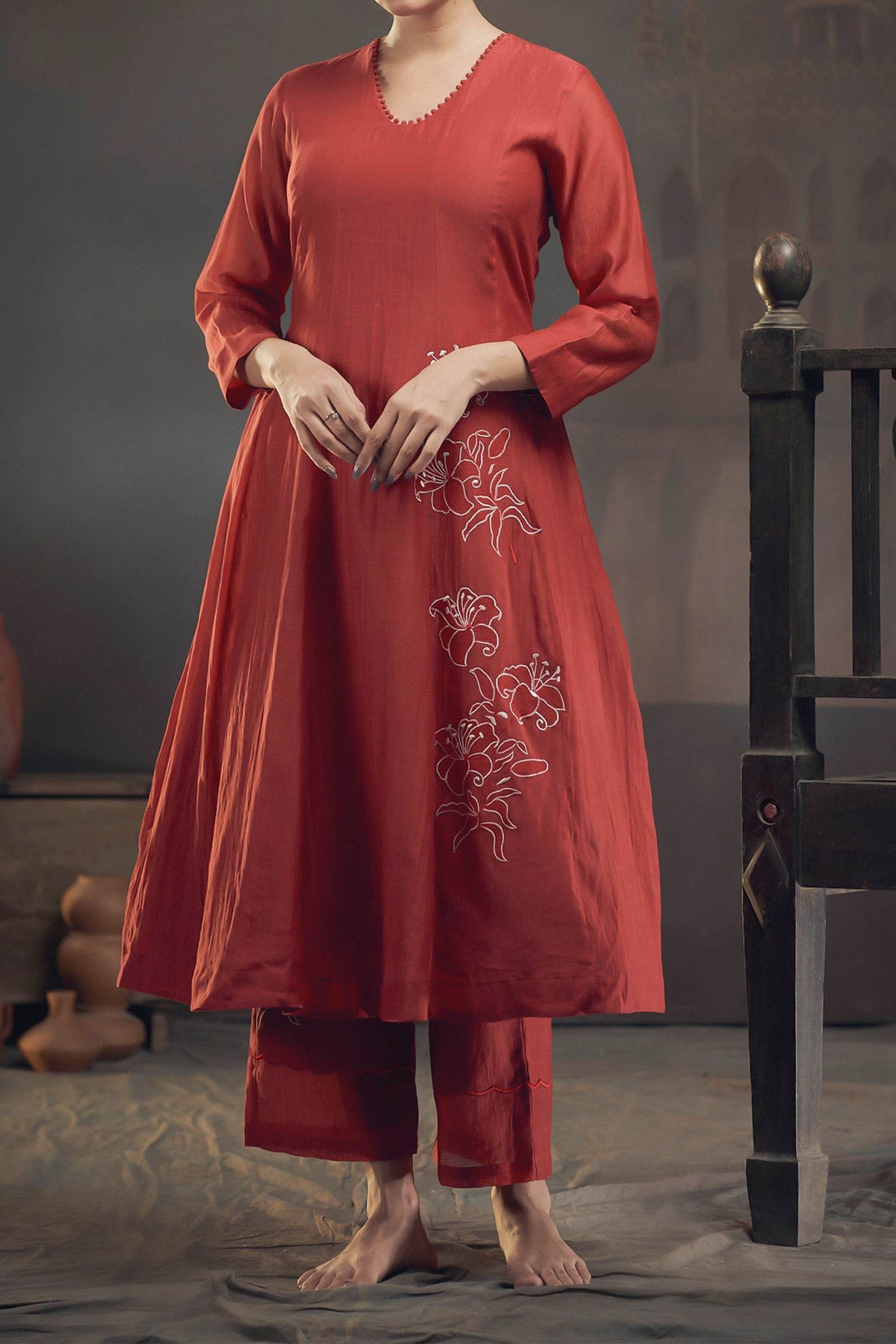 Hirika &amp; Dhruti Red Chanderi Flower Pattern Kurta And Pant Set For Kids at Aza Fashions