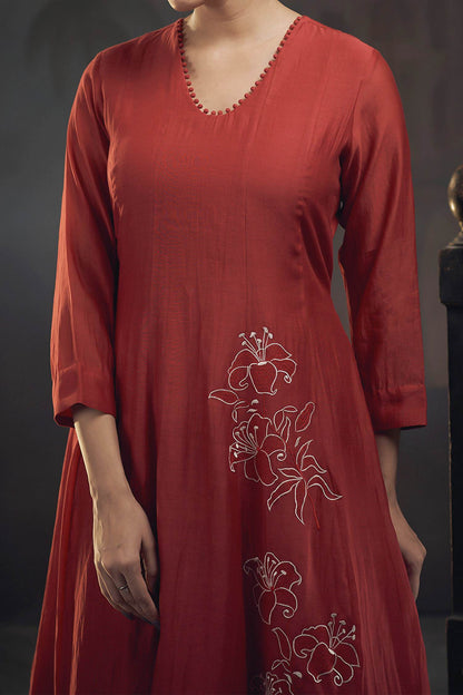 Buy Hirika &amp; Dhruti Red Chanderi Flower Pattern Kurta And Pant Set For Kids Online at Aza Fashions